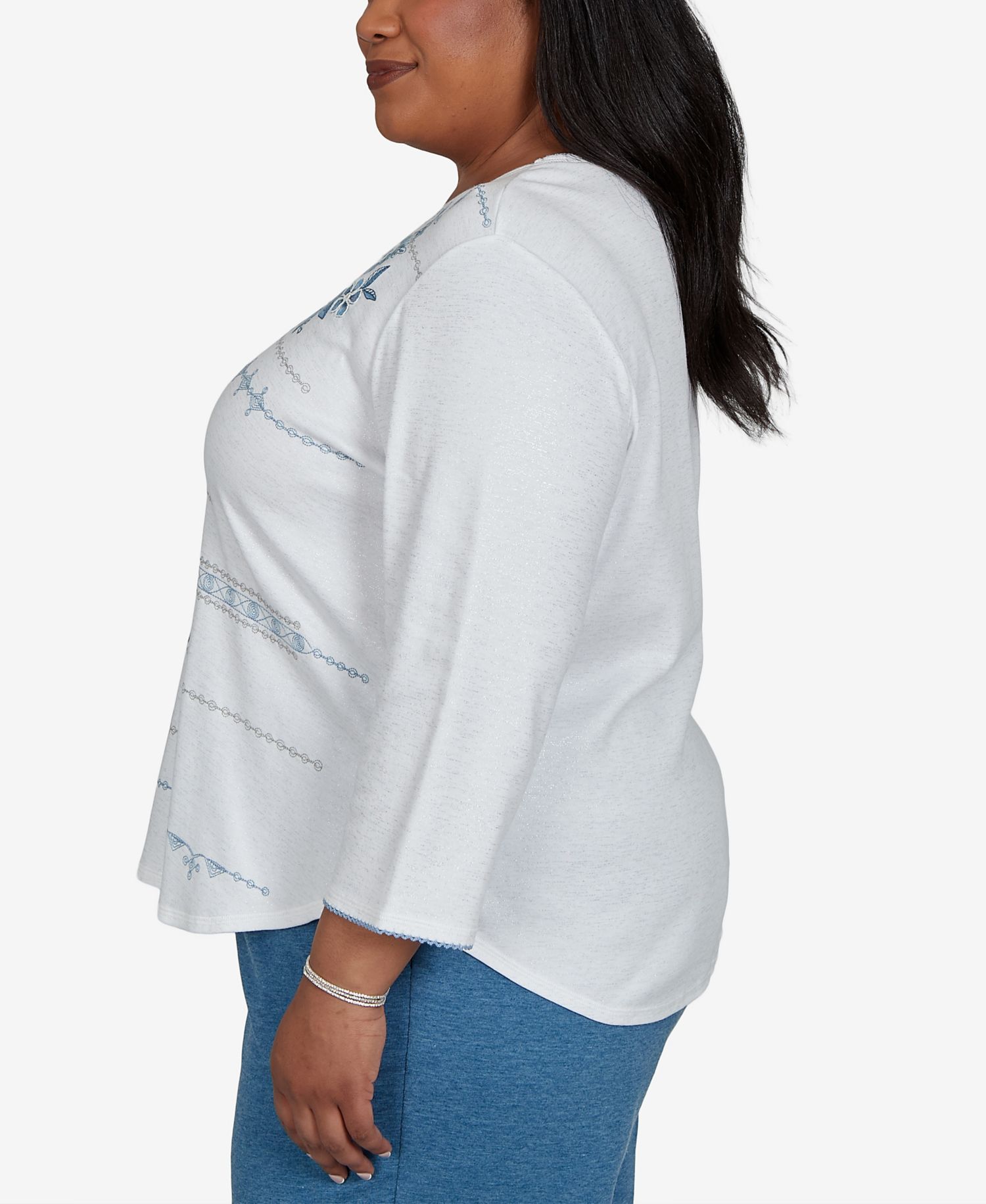 Plus Size Floral-Print 3/4-Sleeve Cotton-Blend T-Shirt