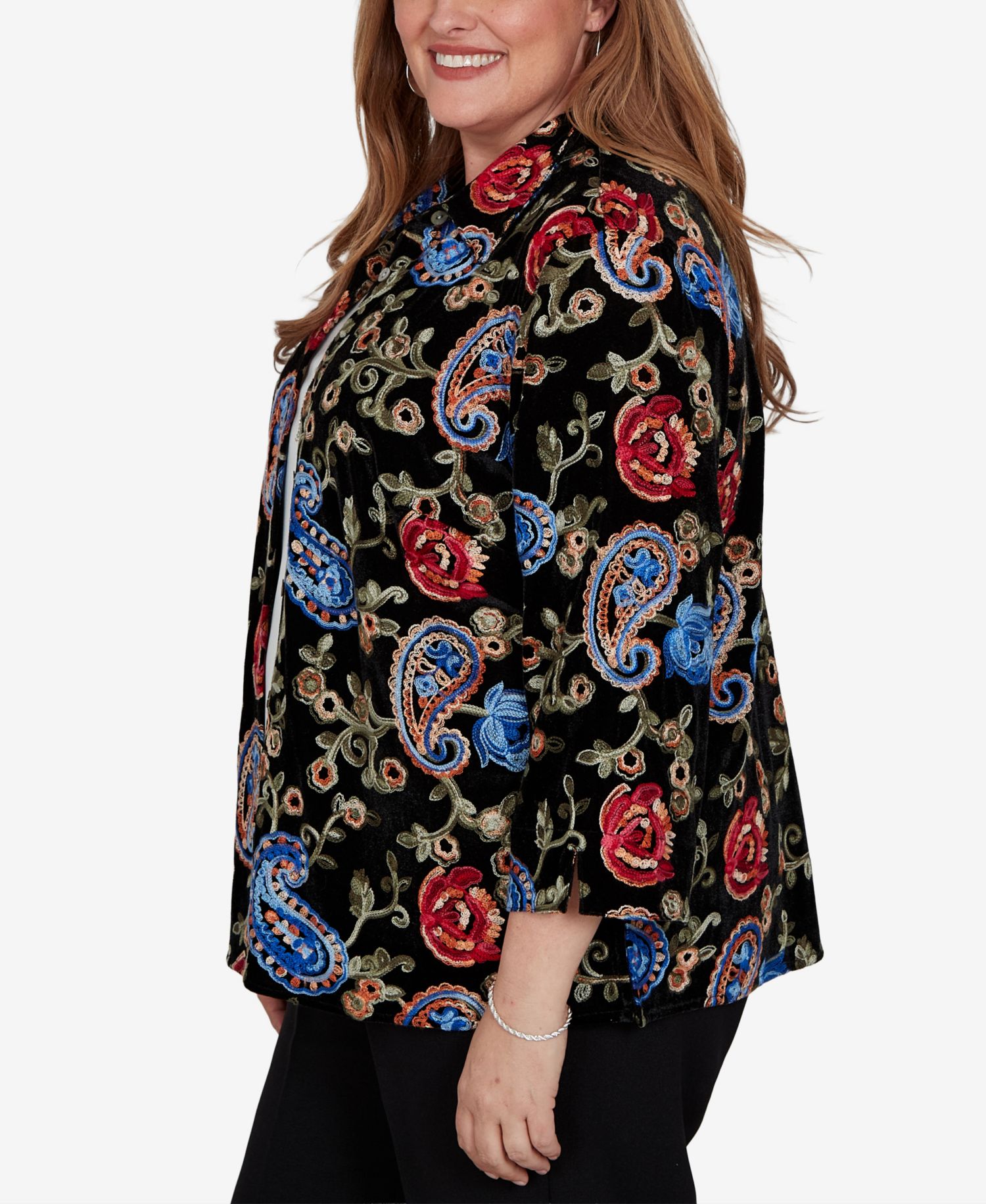 Plus Size Collared 3/4-Sleeve Velvet Top