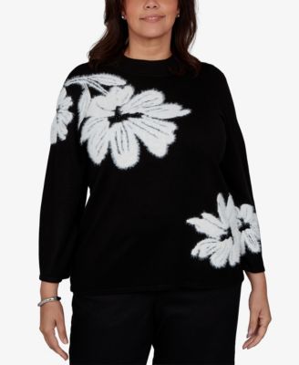 Plus Size 3/4-Sleeve Floral-Print Crewneck Pullover Sweater