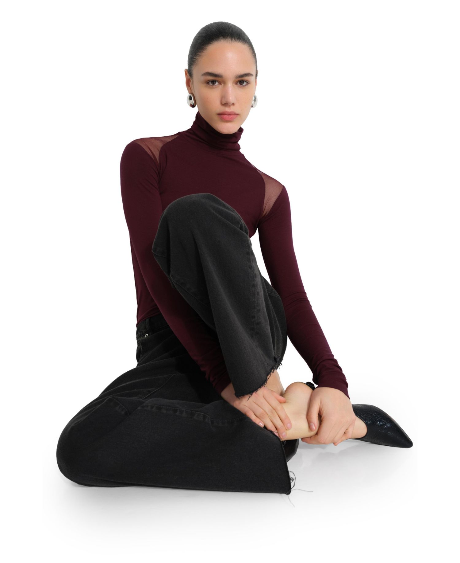Women's Maria Turtleneck Long-Sleeve Asymmetrical-Mesh Top