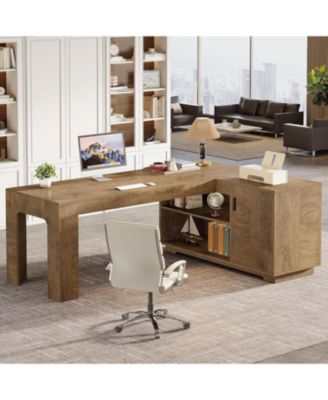 59" L-Shaped Farmhouse Desk with Storage Cabinet