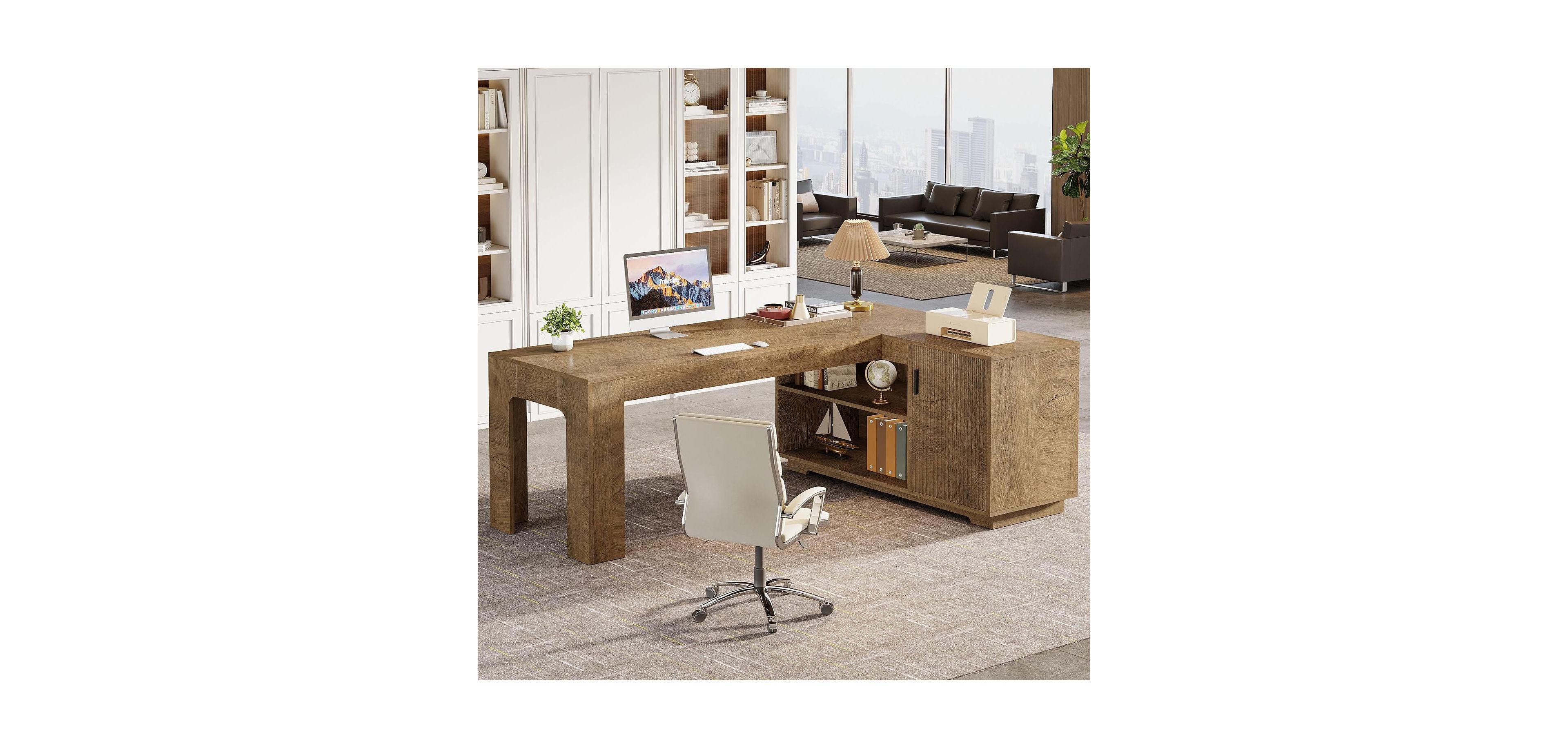 Tribesigns 59" L-Shaped Farmhouse Desk with Storage Cabinet