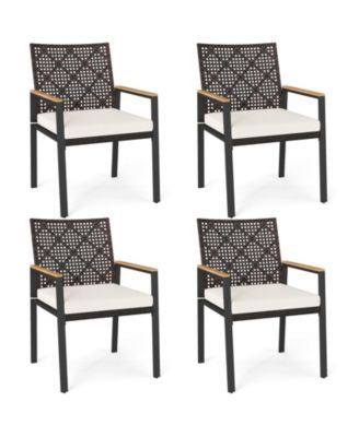 Patio Dining Chairs Set of 4 w/Acacia Wood Armrests Soft Padded Cushion for Yard