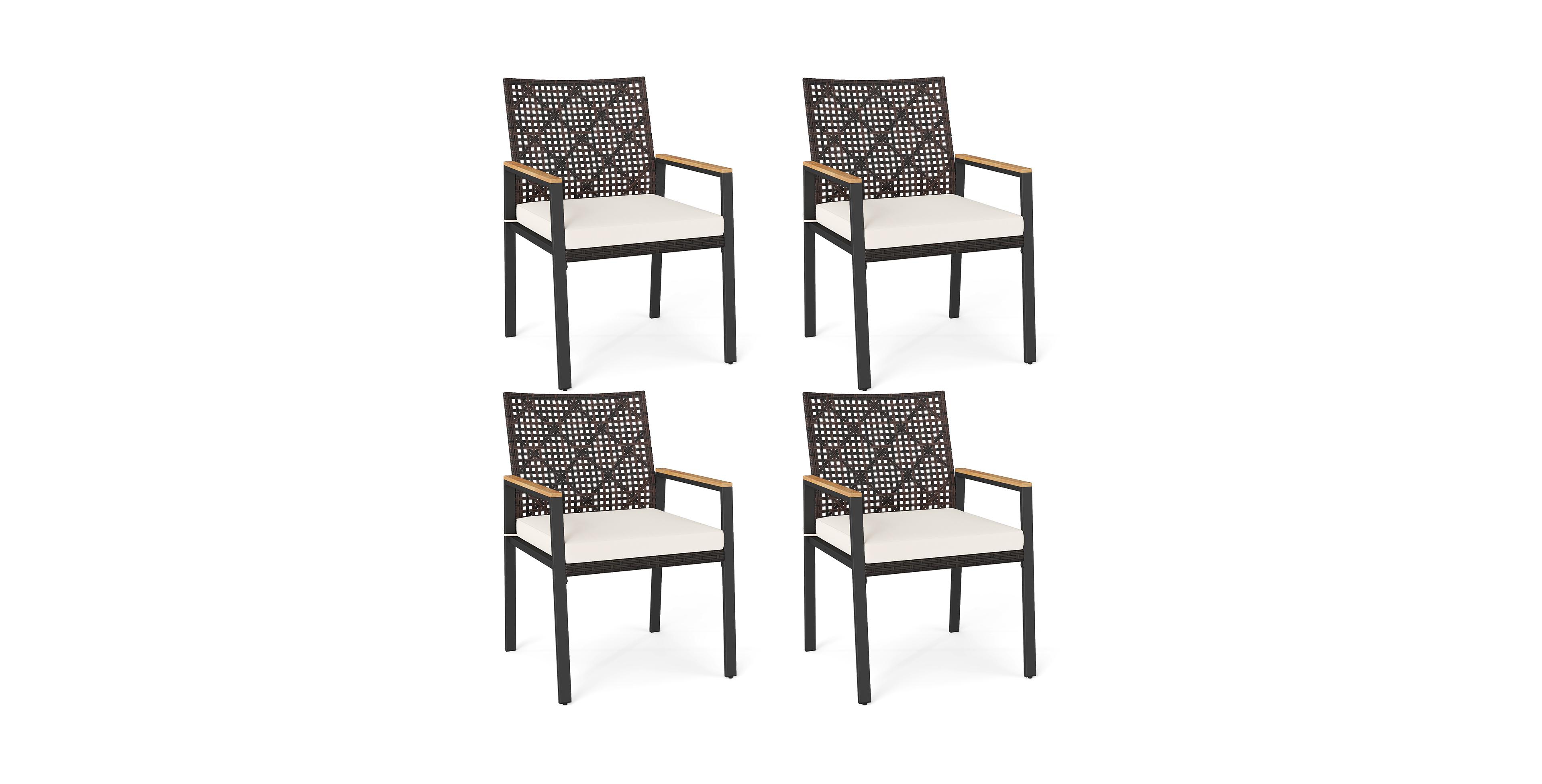 Gymax Patio Dining Chairs Set of 4 w/Acacia Wood Armrests Soft Padded Cushion for Yard