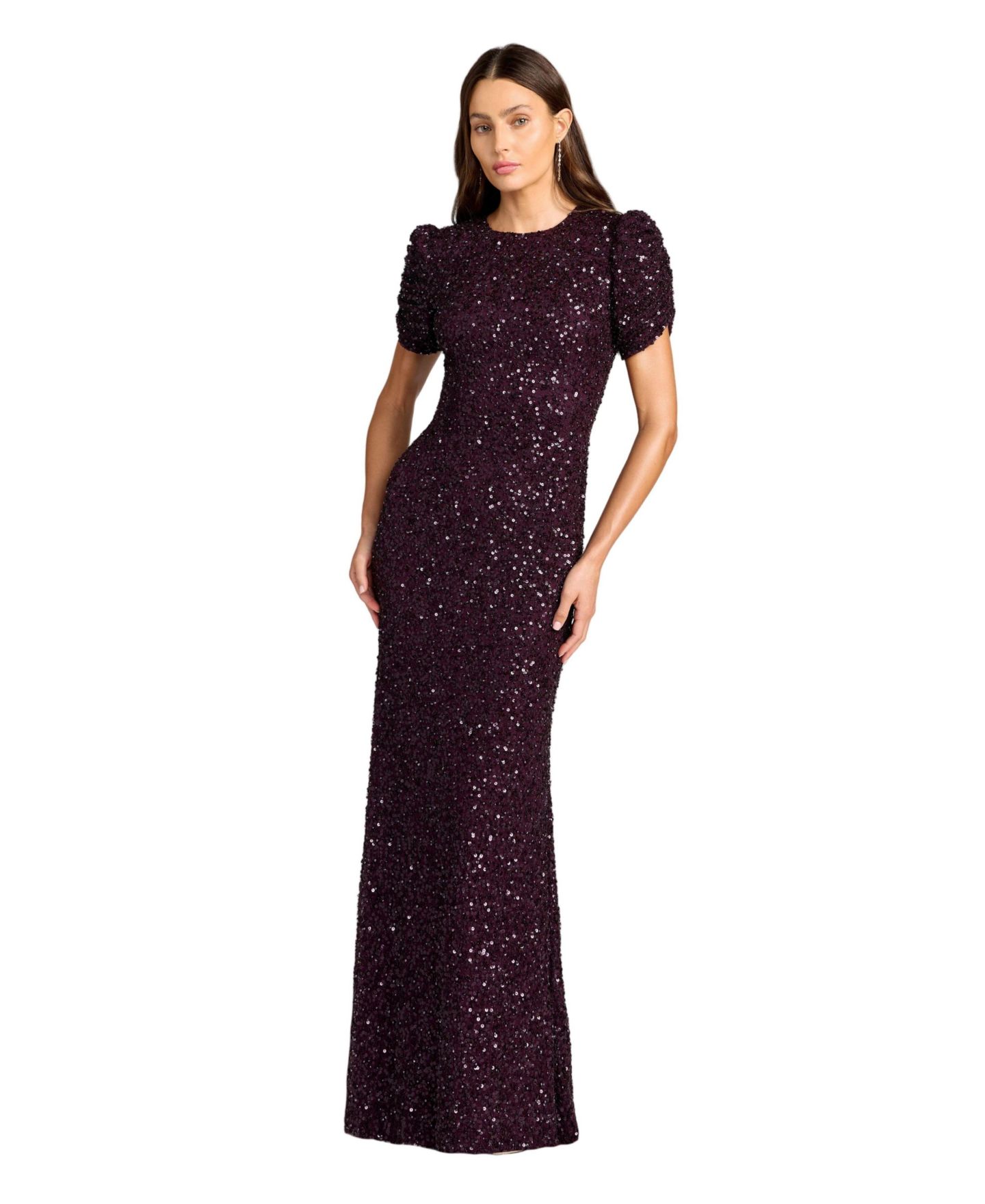 Женское платье Mac Duggal High-Neck Sequin Short-Sleeve Gown, цвет: Ежевичный — фото 1