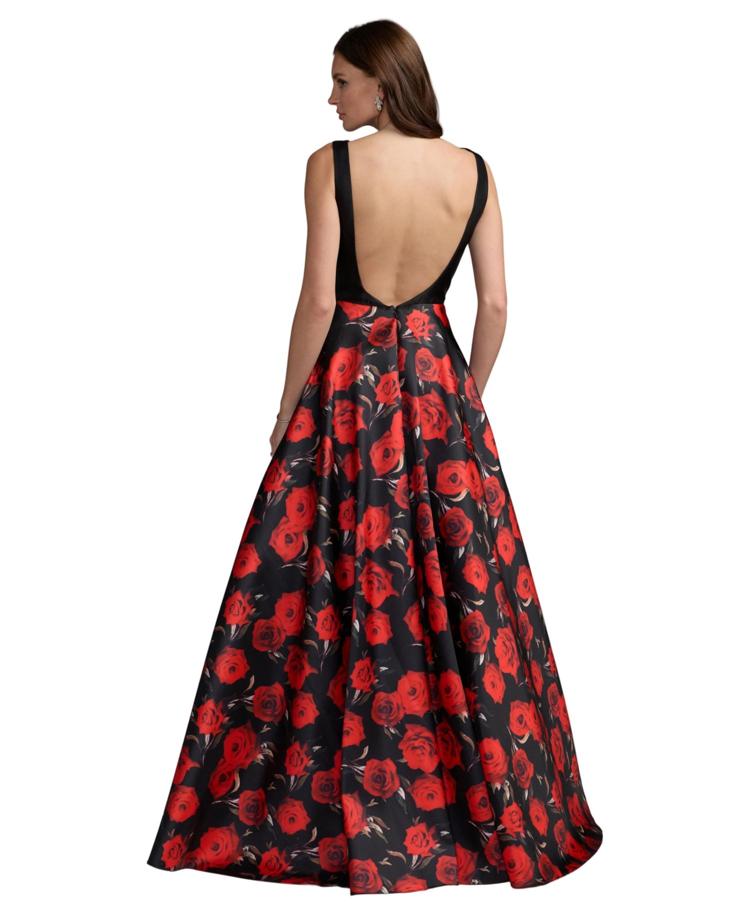 Petite Floral Printed Mikado Open Back Sleeveless Gown