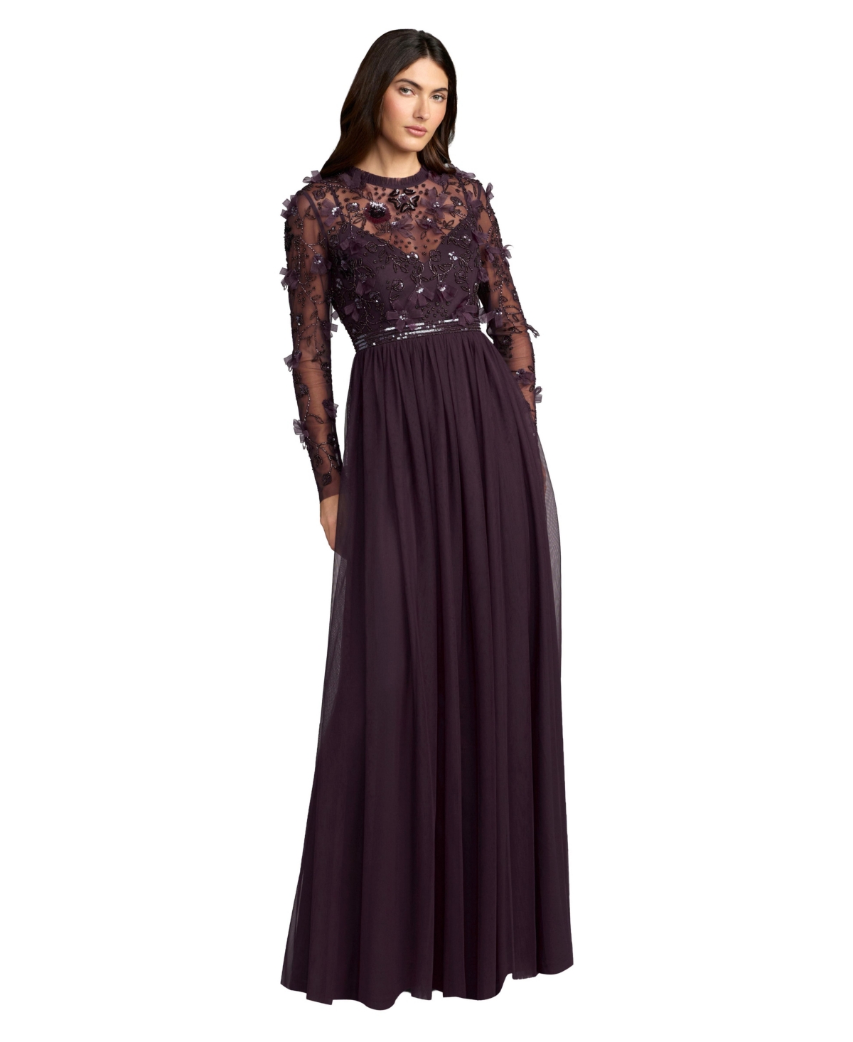 Mac Duggal Women's Embellished Illusion High Neck Long Sleeve Gown - Plum