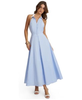 Women's Winslet Sky Blue Striped Cotton Poplin Halter Maxi Dress