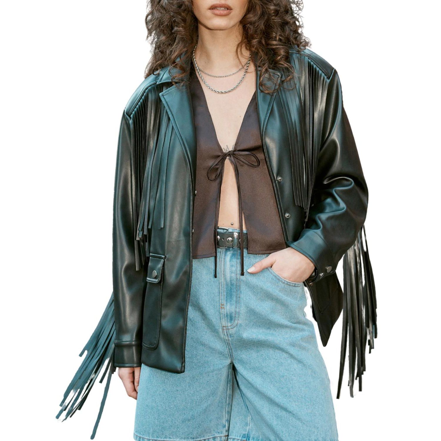 Women's Fringe Faux Leather Belted Jacket