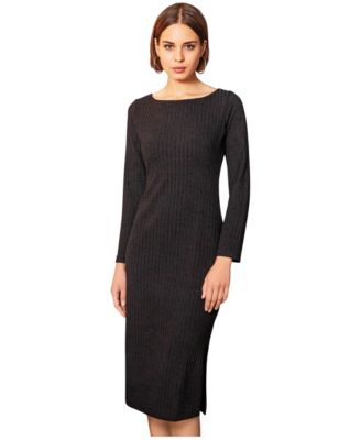Women's Ribbed Long-Sleeve Boat-Neck Midi Dress