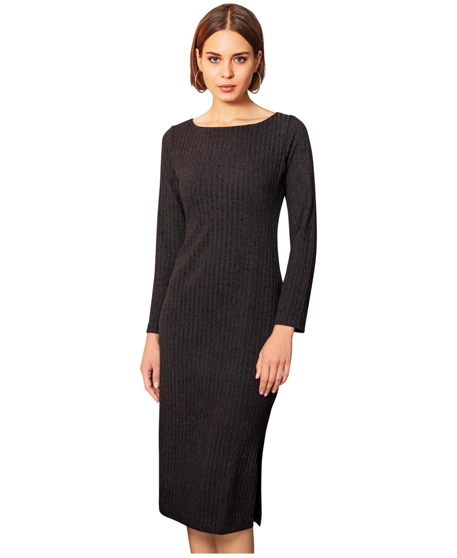 Women's Ribbed Long-Sleeve Boat-Neck Midi Dress