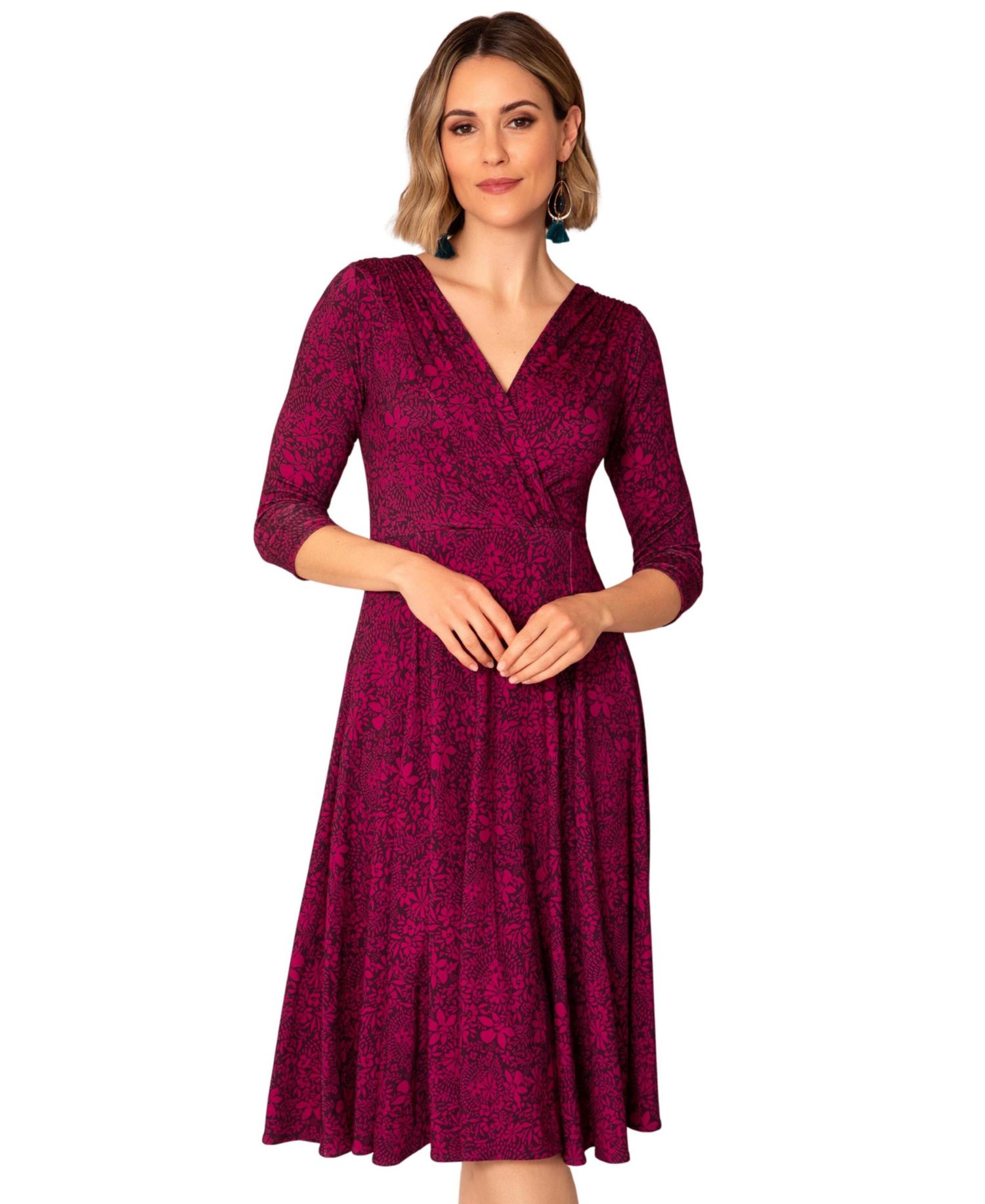 Women's Annie V-Neck 3/4-Sleeve Flare Midi Dress