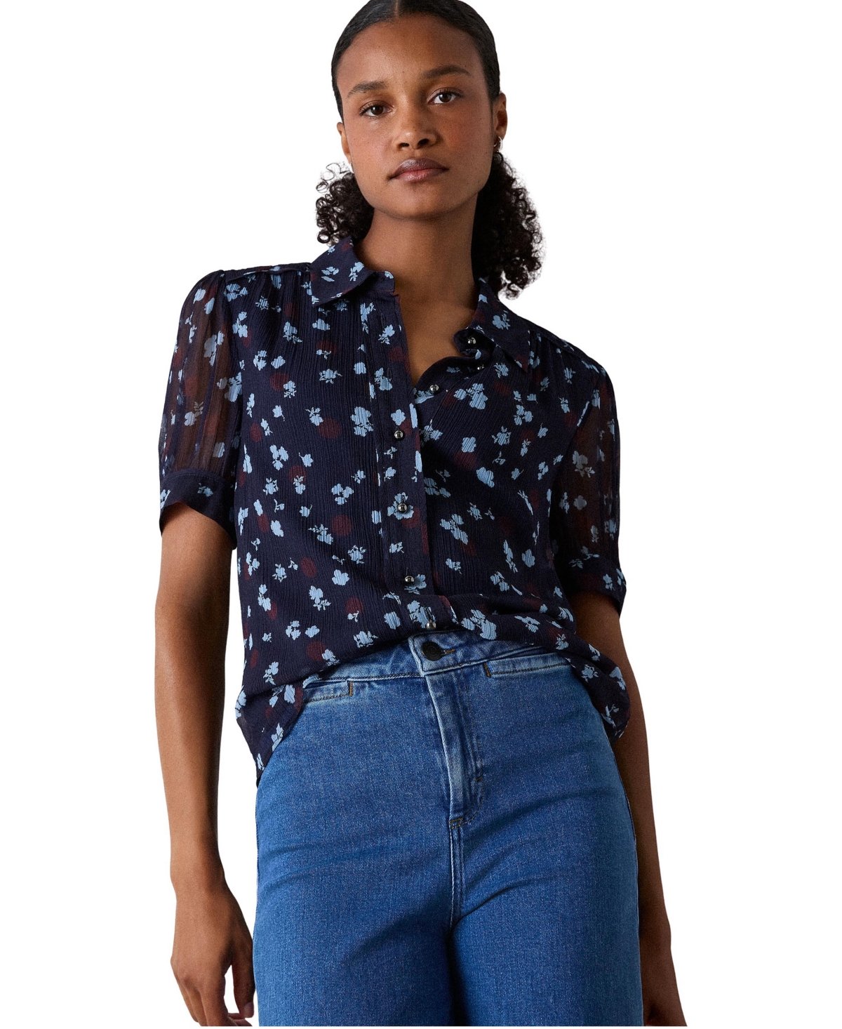 Whistles Women's Viscose Short Sleeve Pintuck Blouse