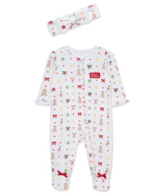 Baby Girls' Festive Printed Footed Coveralls and Headband, 2-Piece Set