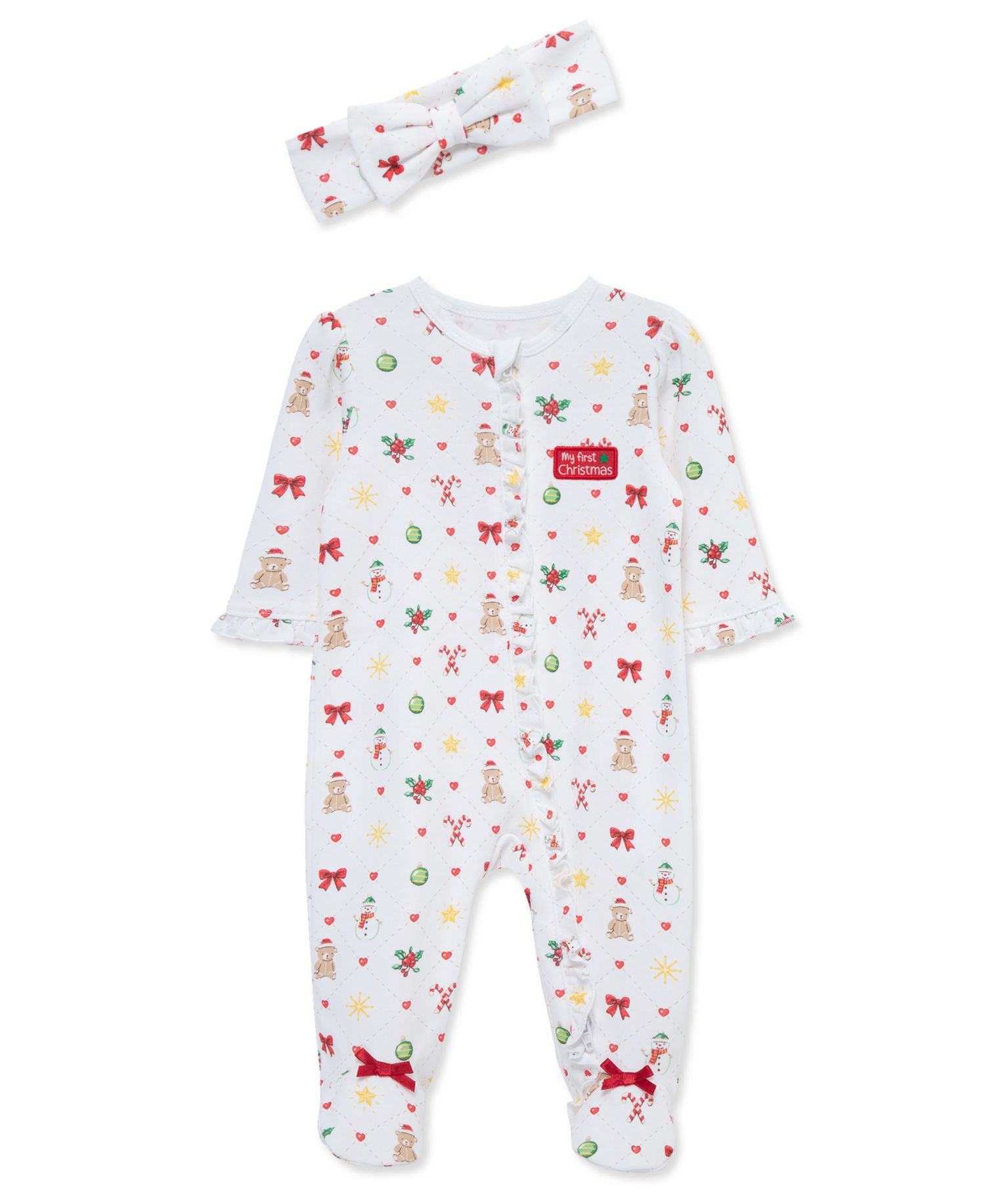 Baby Girls' Festive Printed Footed Coveralls and Headband, 2-Piece Set