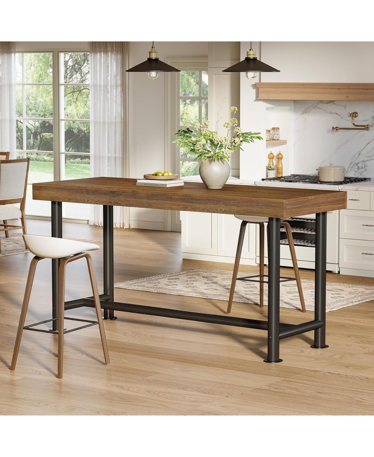 Tribesigns 63" Solid Wood Bar Table Counter height pub table with metal legs Breakfast bar unit for kitchen, living room, bistro Easy assembly
