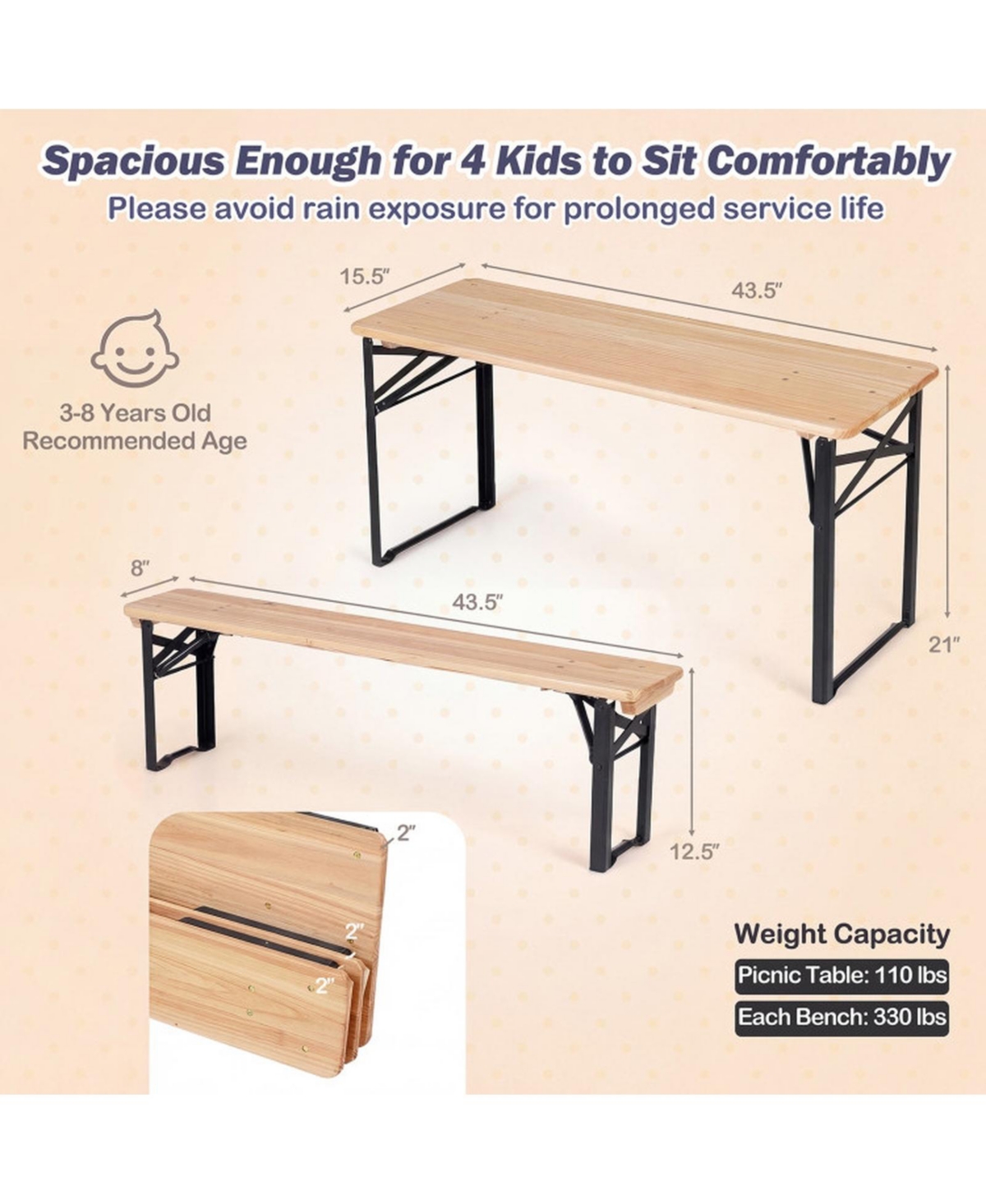 Sugift 43.5 Inch No-Assembly Folding Kids Picnic Table and Bench Set in Solid Fir Wood