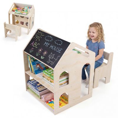 House Shaped Wooden Kids Table and Chair Set 3-in-1 Activity Desk with Chalkboard and Bookshelf
