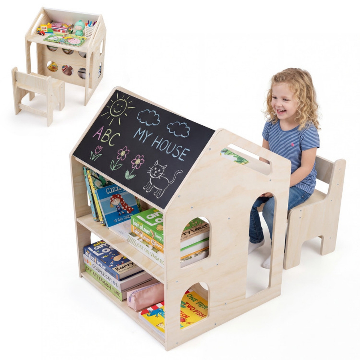 Sugift House Shaped Wooden Kids Table and Chair Set 3-in-1 Activity Desk with Chalkboard and Bookshelf - Natural