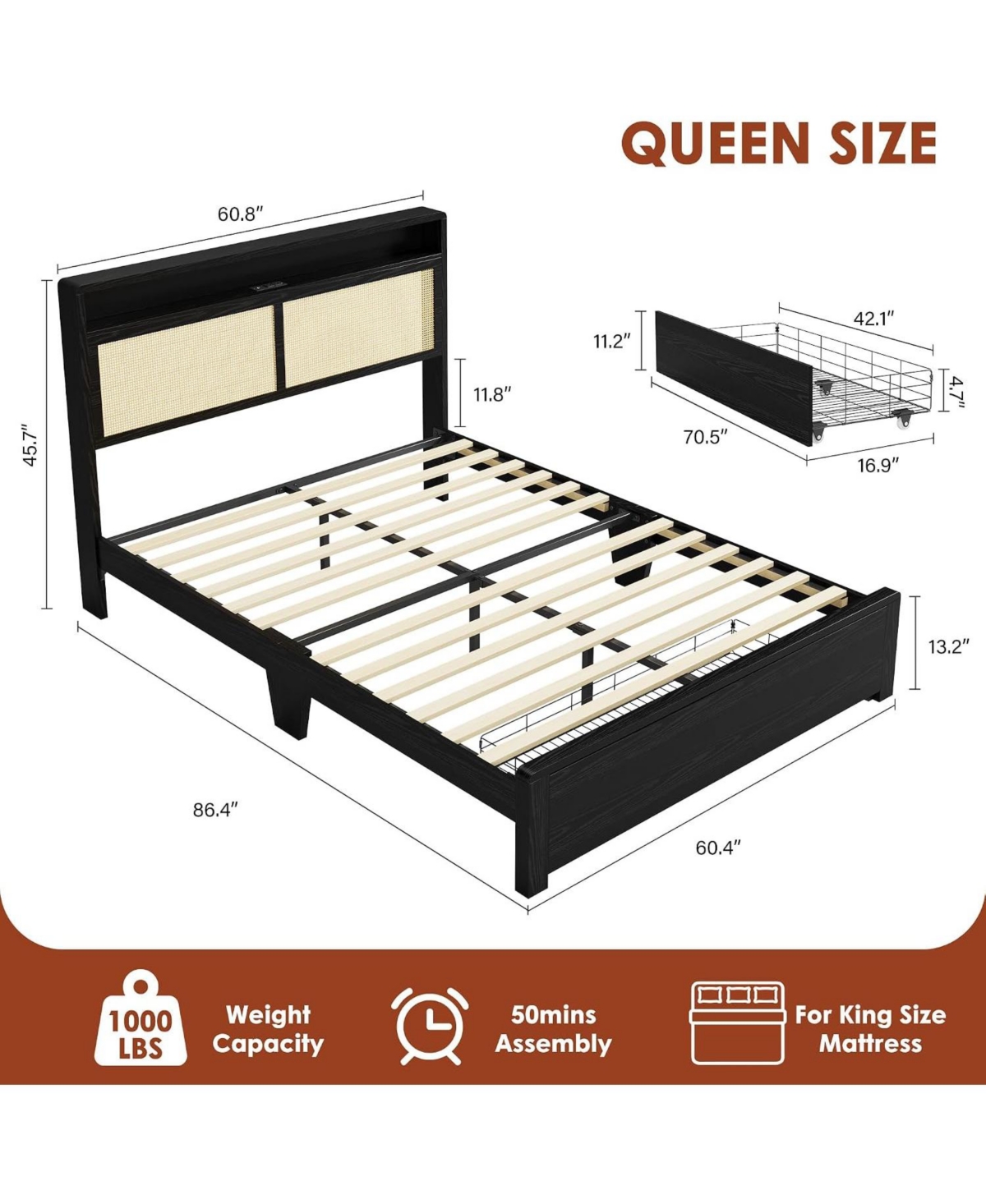 gaomon Rattan Bed Frame with Storage Drawer and Led Lights, Platform Charging Station, Headboard Shelf, Cane Panels
