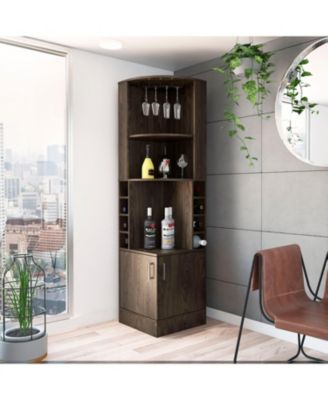Aspen Kava Corner Bar Cabinet with Wine Bottle Storage, Stemware Rack, and Shelves Dark Walnut