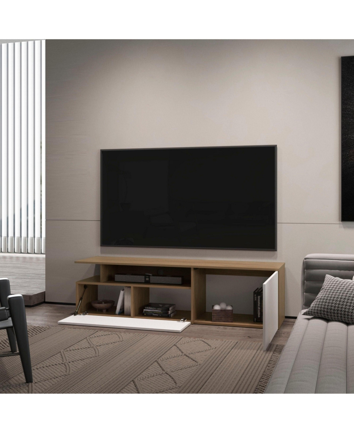 Fm Furniture Dilkon Tv Stand with Drop-Down Door, Hinged Door, Open Shelves,Cable Management