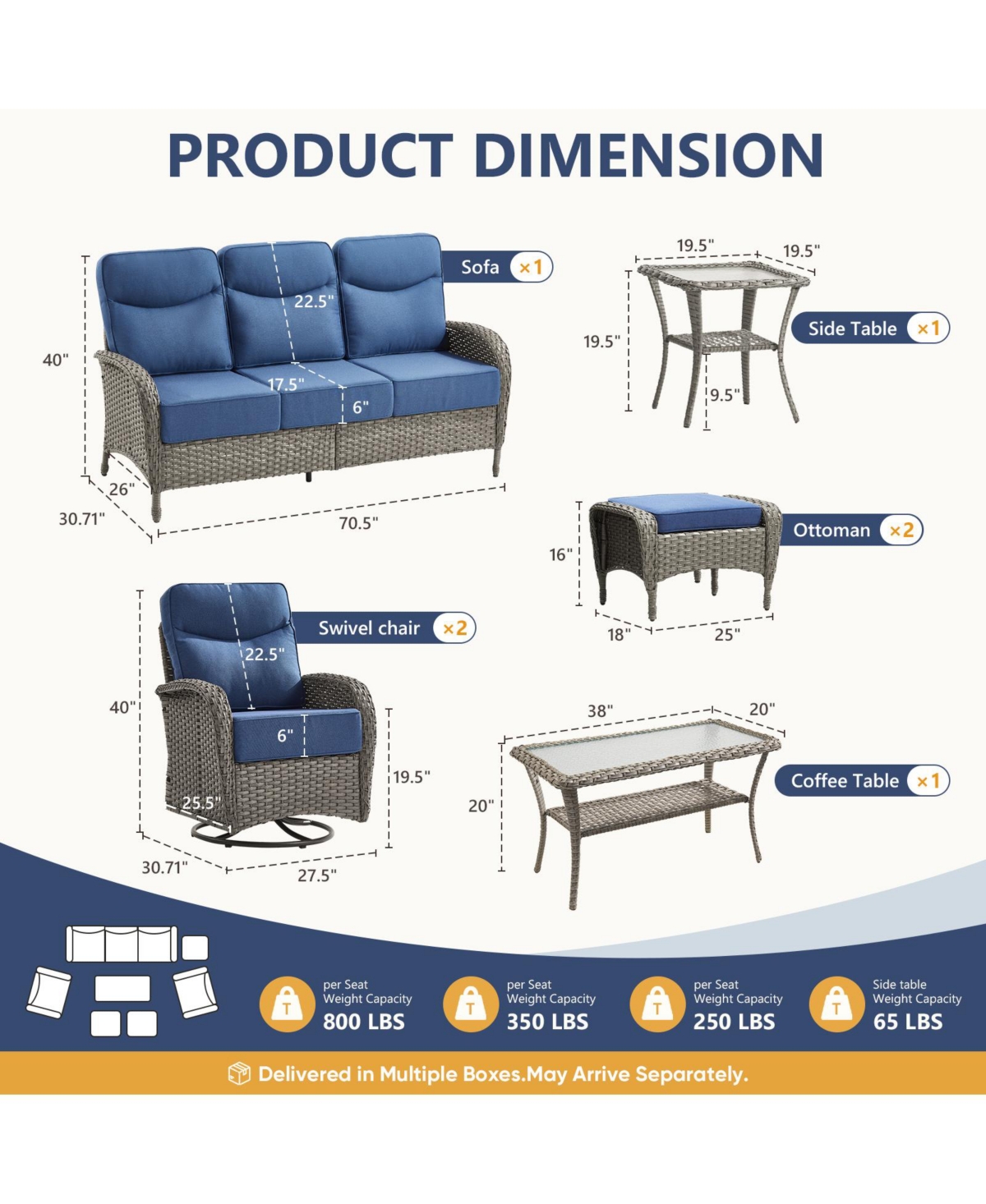 Pocassy 7-Pieces Patio Furniture Set Wicker Conversation Rocking Bistro with Sofa, Coffee Table, Tempered Glass Side Table and 2 Ottoman