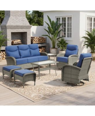 7-Pieces Patio Furniture Set Wicker Conversation Set Rocking Bistro Set with Sofa, Coffee Table, Tempered Glass Side Table and 2 Ottoman
