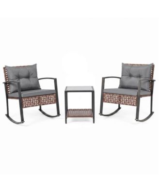 3Piece Rattan Wicker Patio Conversation Set with Chairs 2-Tier Glass-Top Coffee Table