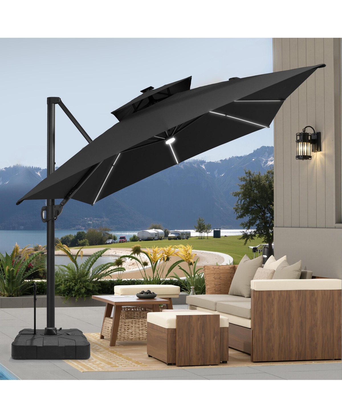 Pellebant Rectangular Solar Powered Led Patio Umbrella Offset Cantilever with 350-lb Base