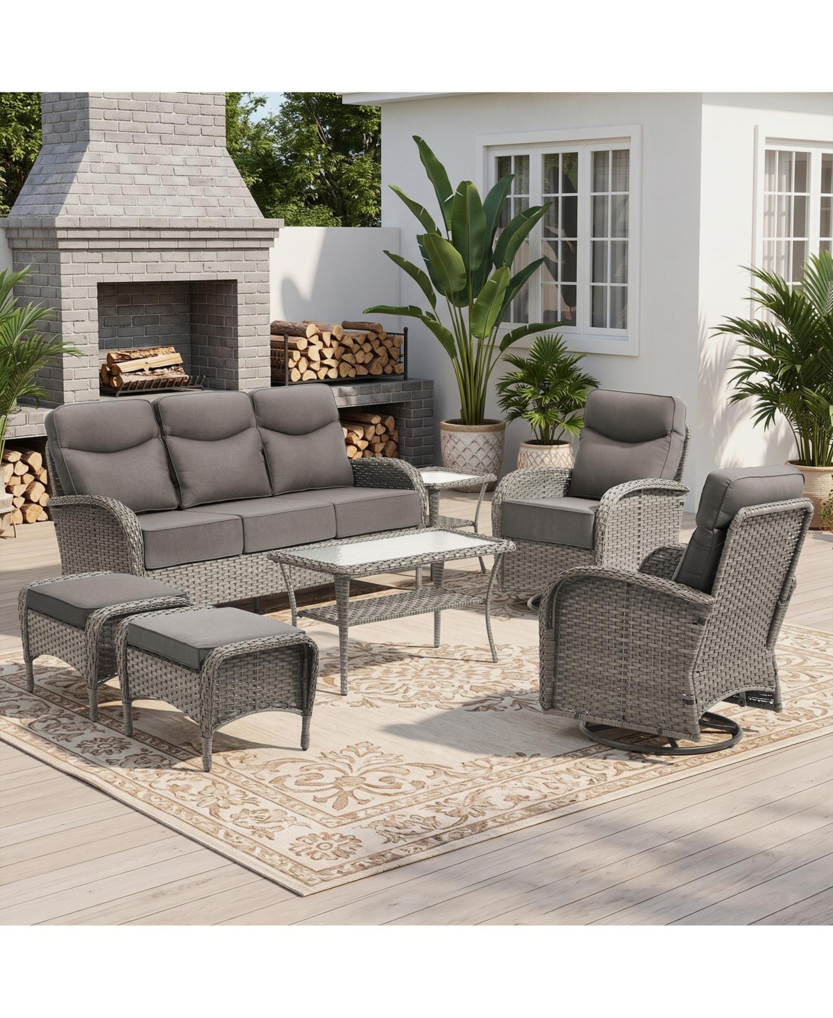 Pocassy 7-Pieces Patio Furniture Set Wicker Conversation Set Rocking Bistro Set with Sofa, Coffee Table, Tempered Glass Side Table and 2 Ottoman