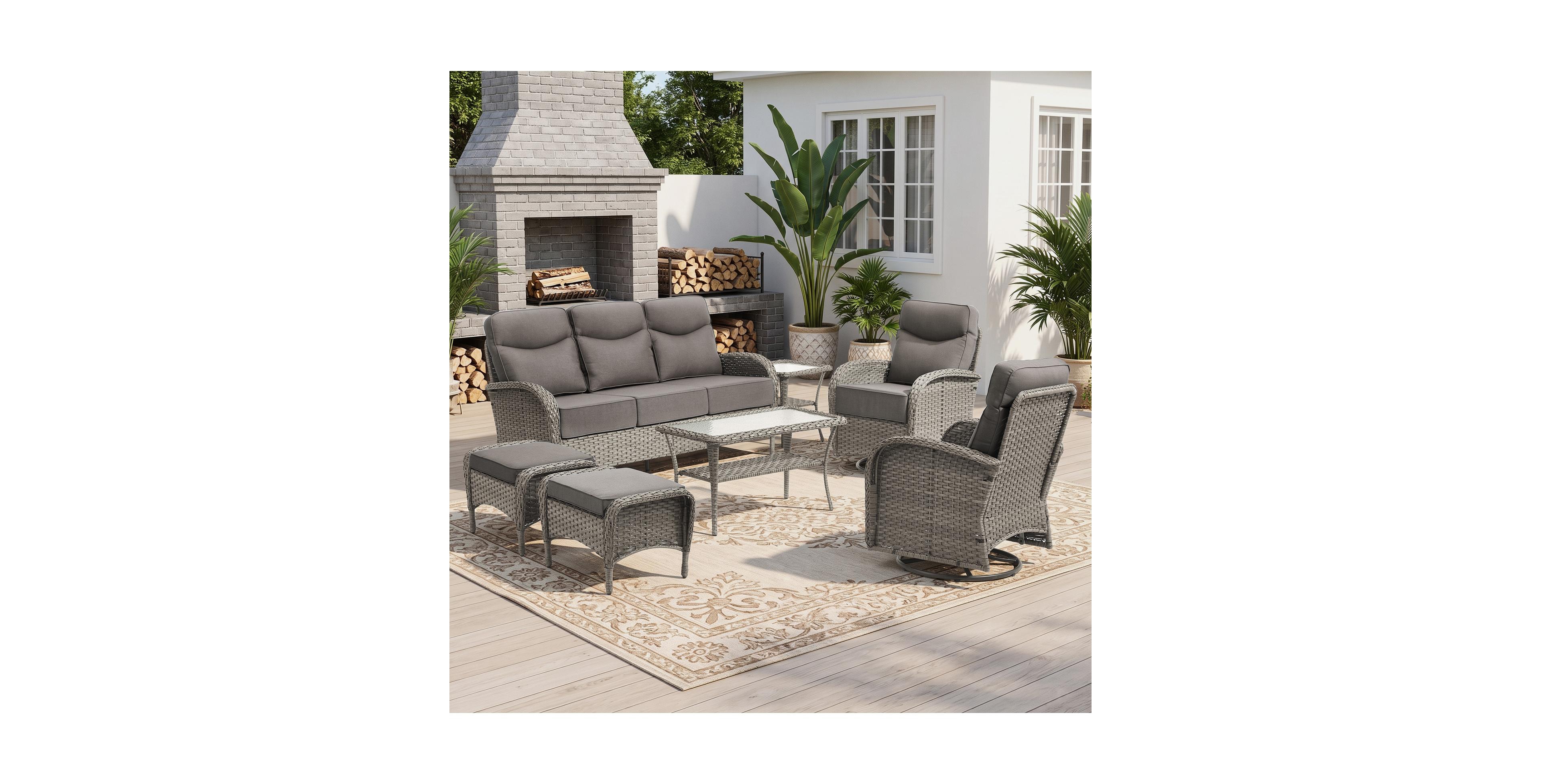 Pocassy 7-Pieces Patio Furniture Set Wicker Conversation Set Rocking Bistro Set with Sofa, Coffee Table, Tempered Glass Side Table and 2 Ottoman