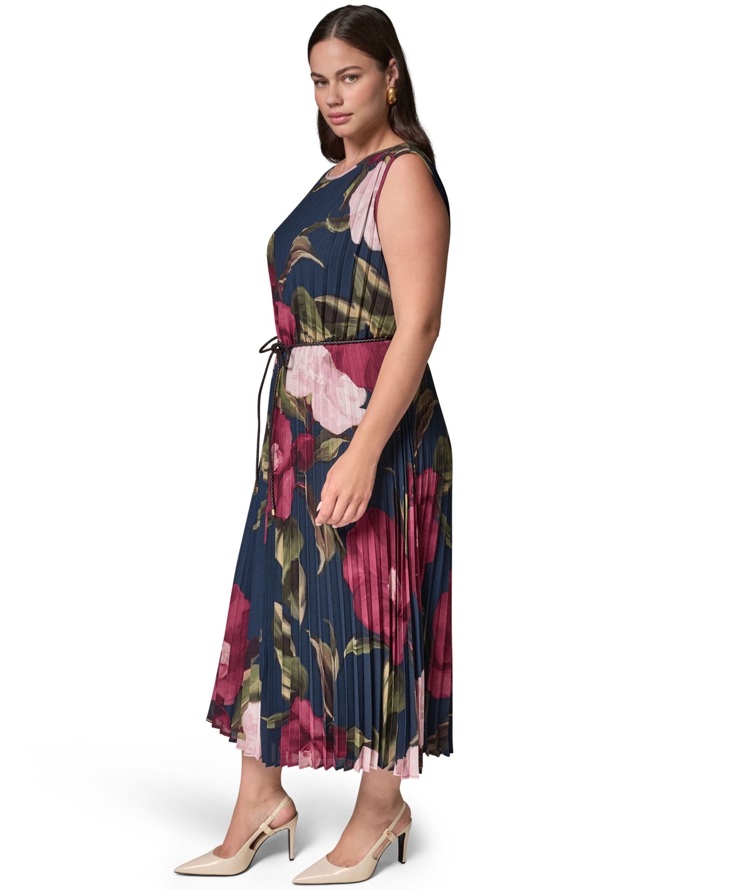 Женское платье Donna Karan New York Plus Cap Sleeve Floral Chiffon A-Line Midi, цвет: Тёмно-синий / Чёрный вишнёвый — фото 2