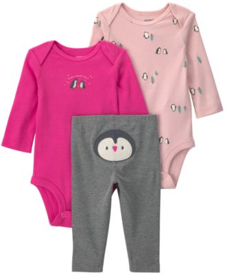 Baby Girls' Penguin Long-Sleeve Bodysuits and Pants, 3-Piece Set