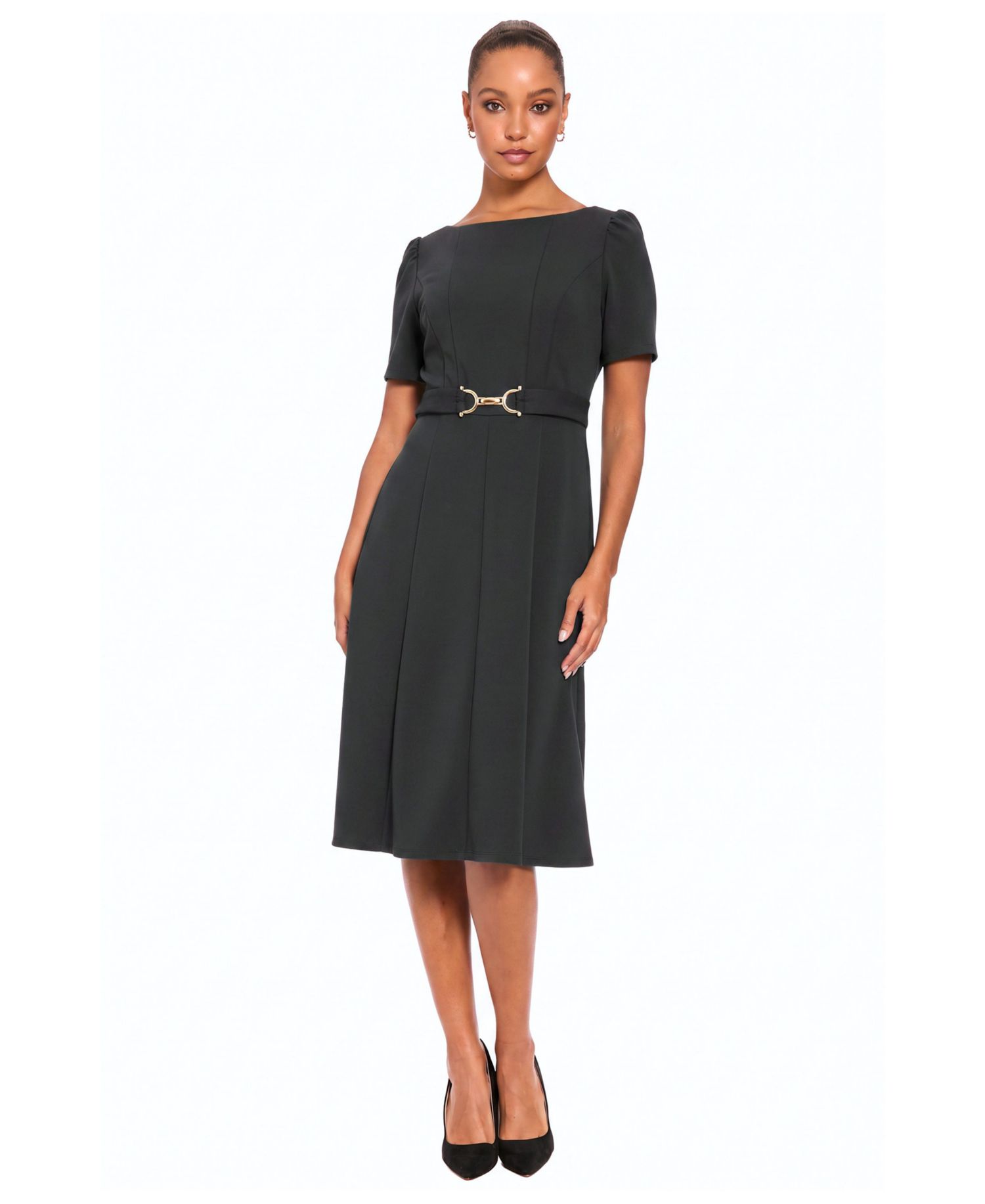 Petite Belted Midi Boat Neck Dress