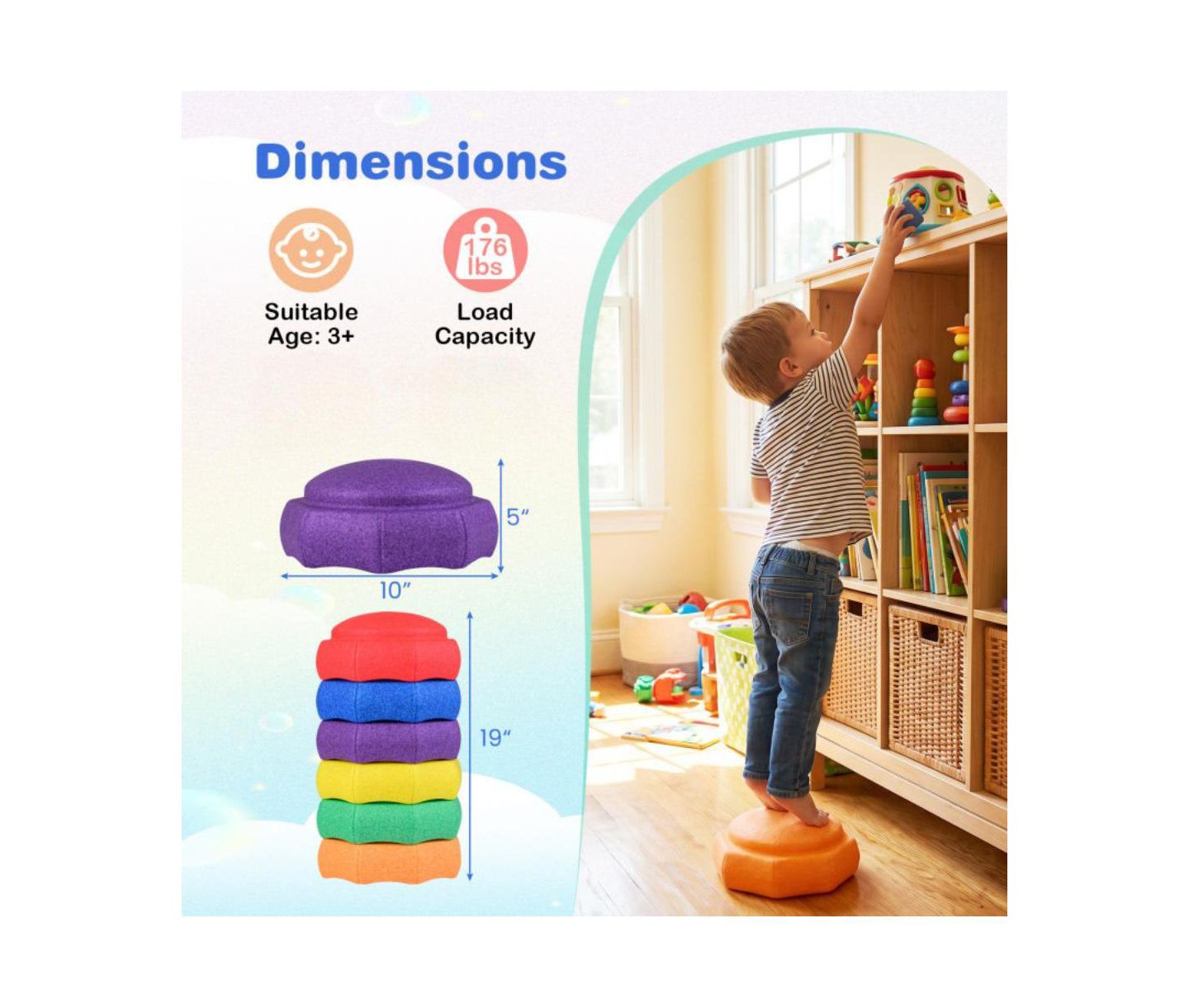 Детские игрушки Slickblue 6-Piece Kids Balance Stepping Stones for Sensory Play, Ages 3+, цвет: Разноцветный — фото 3