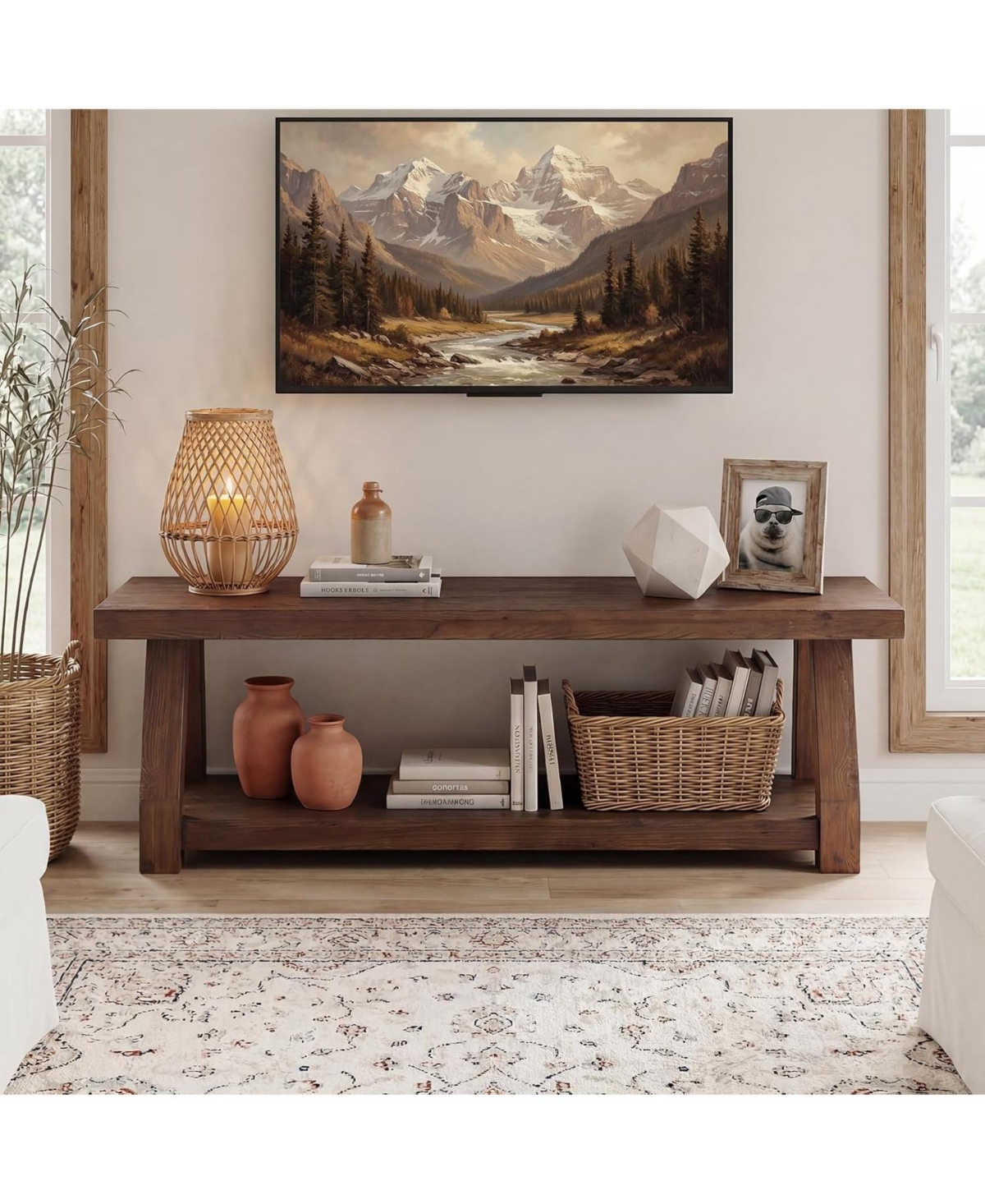 Tribesigns 63" Solid Wood Tv Stand, 2-Tier Entertainment Center