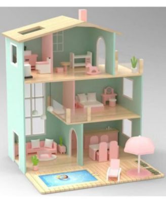 Wooden Dollhouse Playset with 35 Interactive Furniture Accessories for Pretend Play, Green