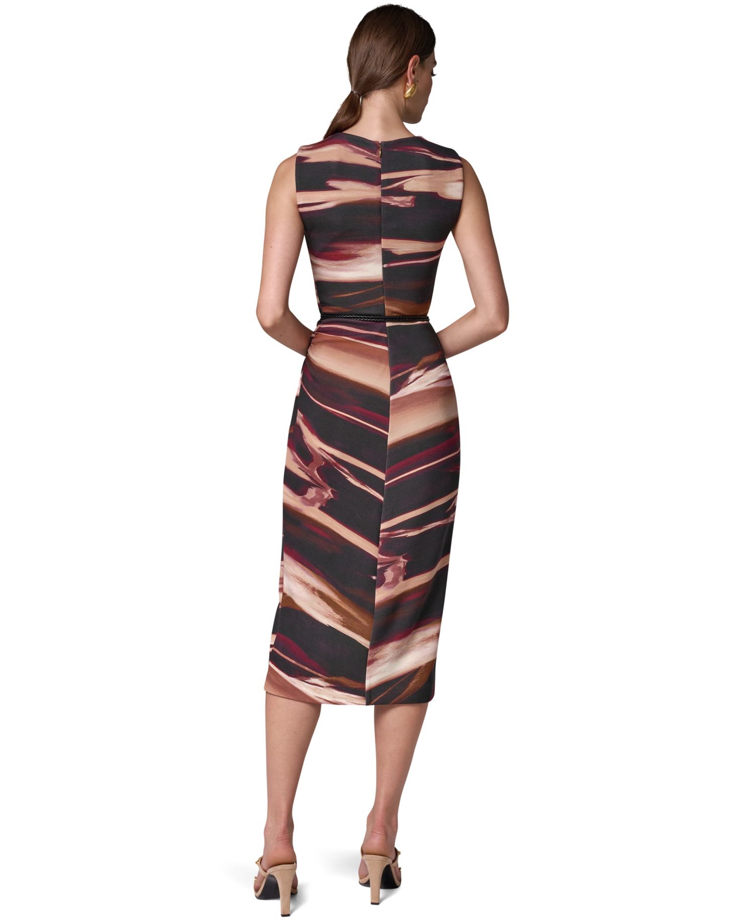 Women's Sleeveless Printed Midi Sheath Dress with Belt
