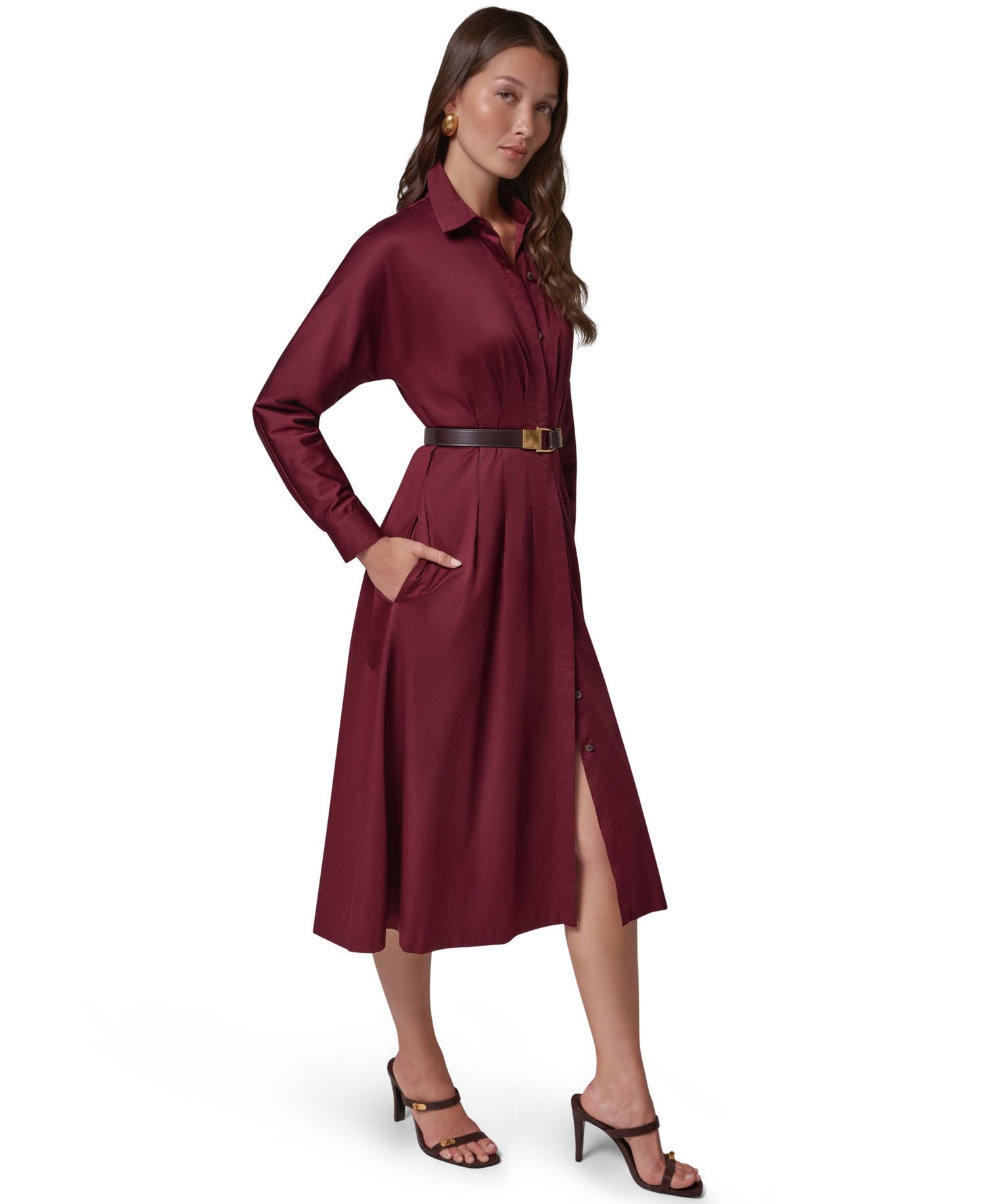 Women's Long Sleeve Belted Midi Shirtdress