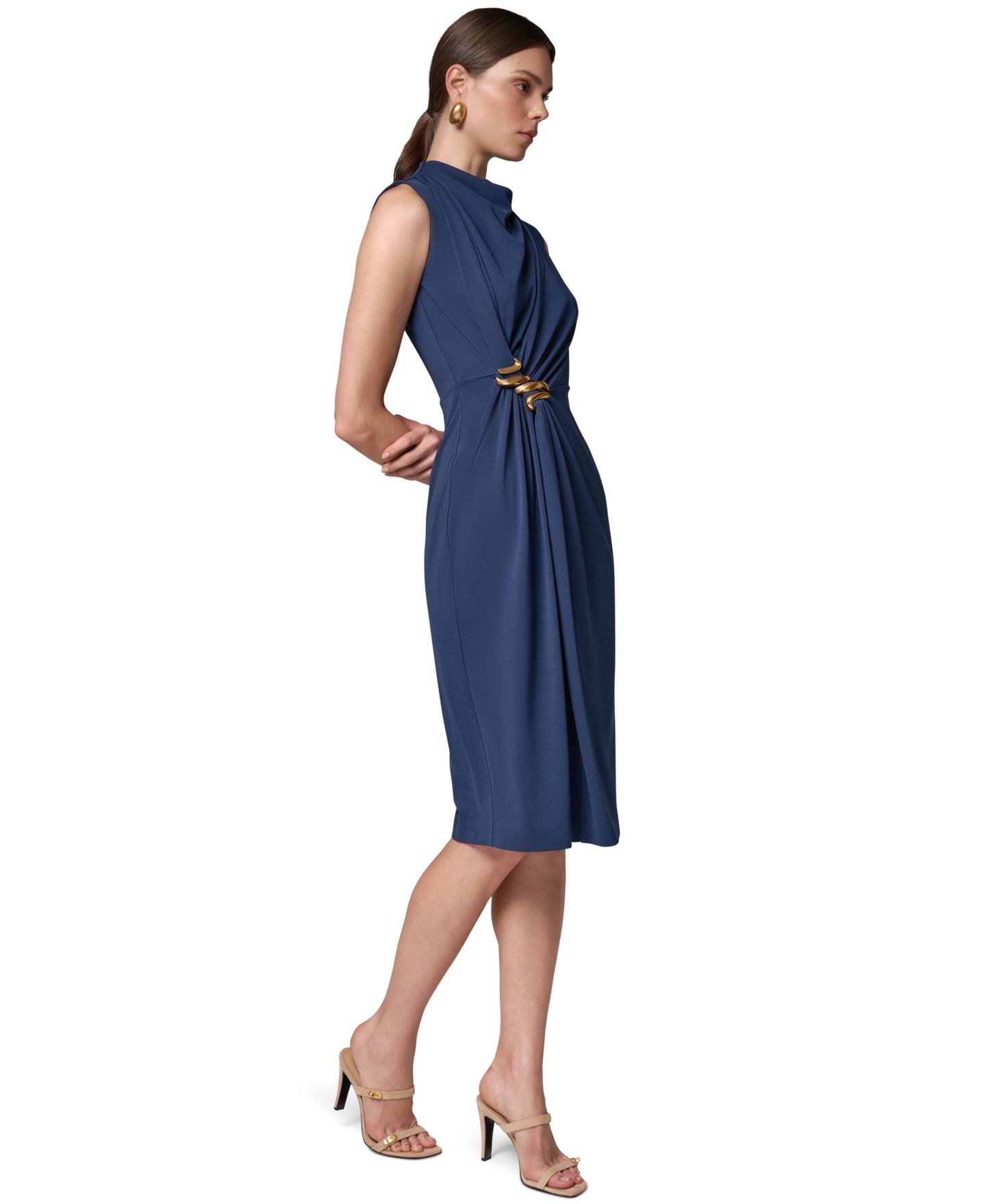 Женское платье Donna Karan New York Sleeveless Mock Neck Gathered Waist Midi, цвет: Ночной небесно-голубой — фото 2