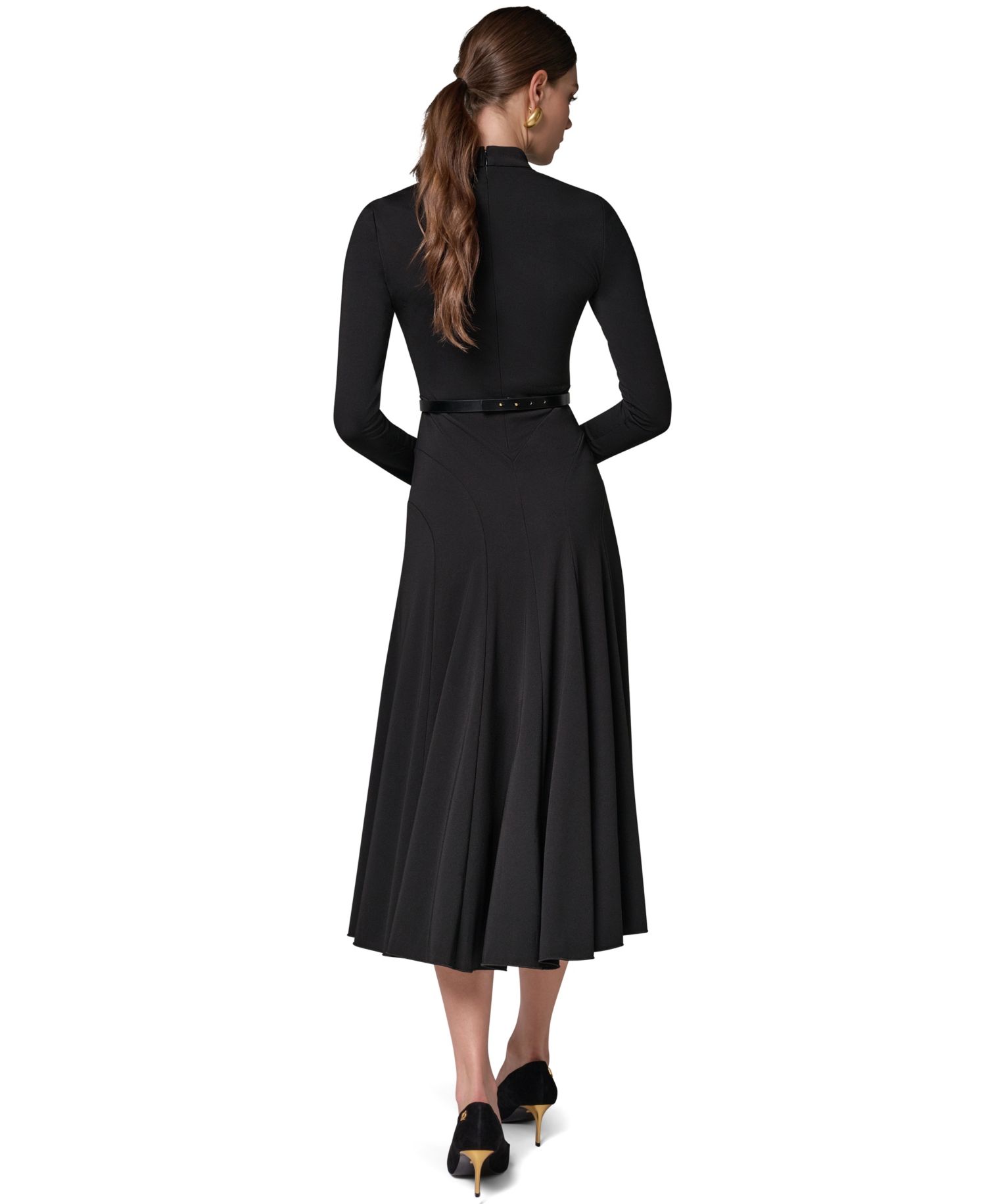 Women's Long Sleeve Mock Neck Pleated Maxi Dress with Belt