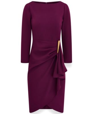 Women's Long-Sleeve Boat-Neck Side Cascade Ruffle Dress thumbnail 6