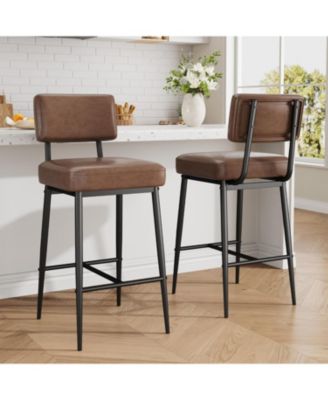 Set of 2 Counter Height Bar Stools, 26 Inch Faux Leather with Backrest for Kitchen Island Dining