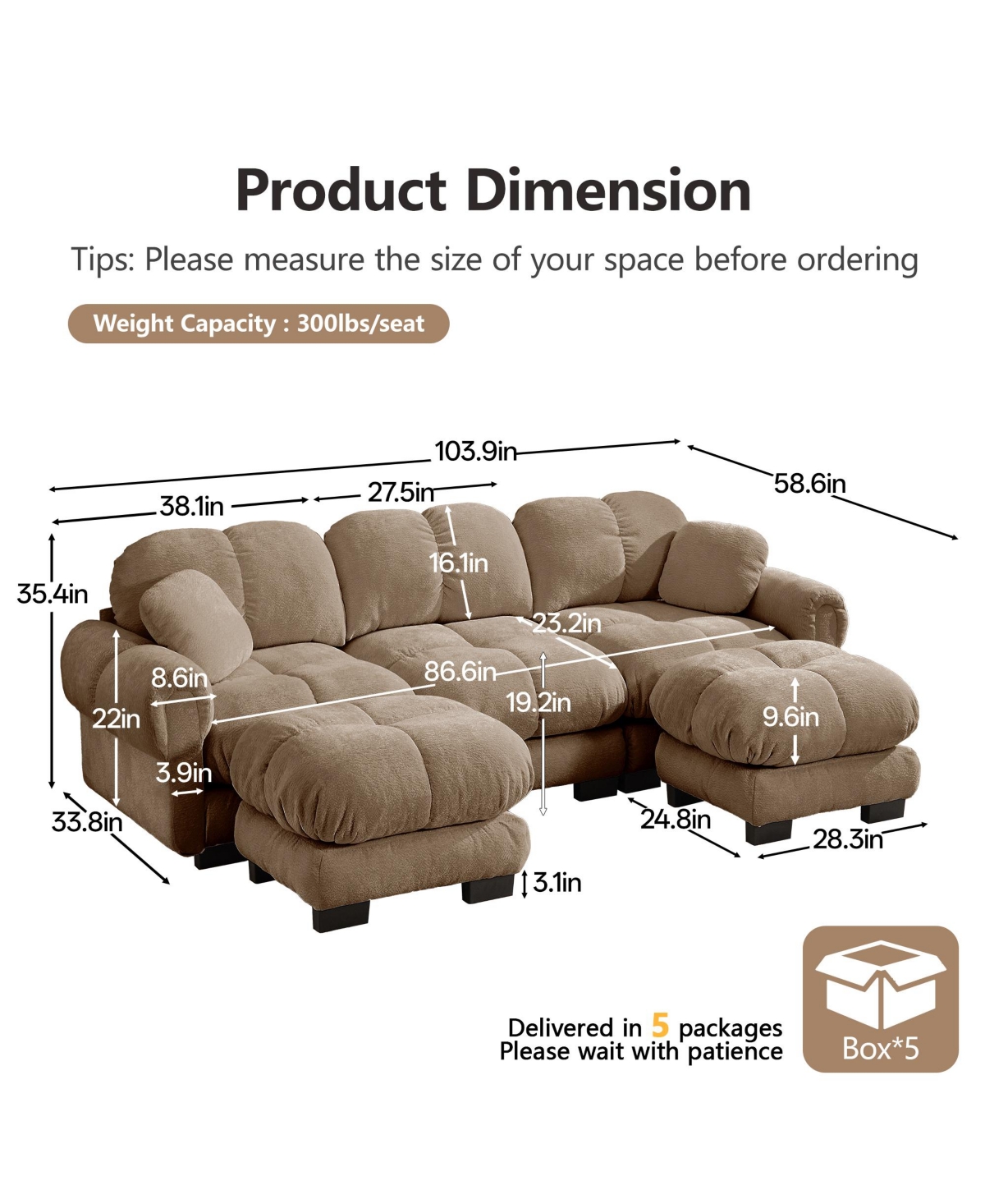 Clihome Oversize Chenille U-Shaped Sofa,Deep Seat Sofa Couch with Movable Ottoman