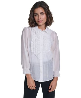 Women's Ruffle Button Woven Collar Neck Top