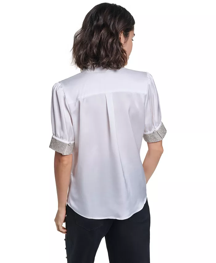 Women's Satin Rhinestone-Cuff Button-Front Top - thumbnail 5