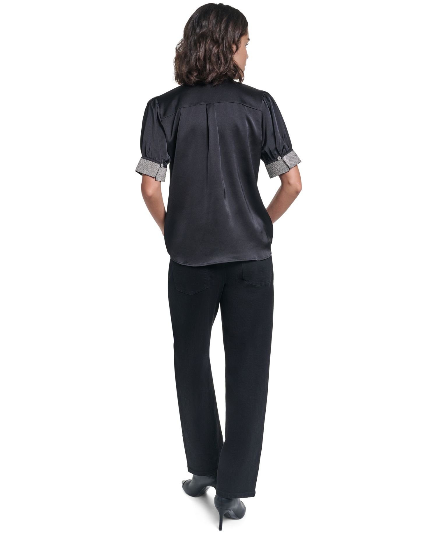 Women's Satin Rhinestone-Cuff Button-Front Top