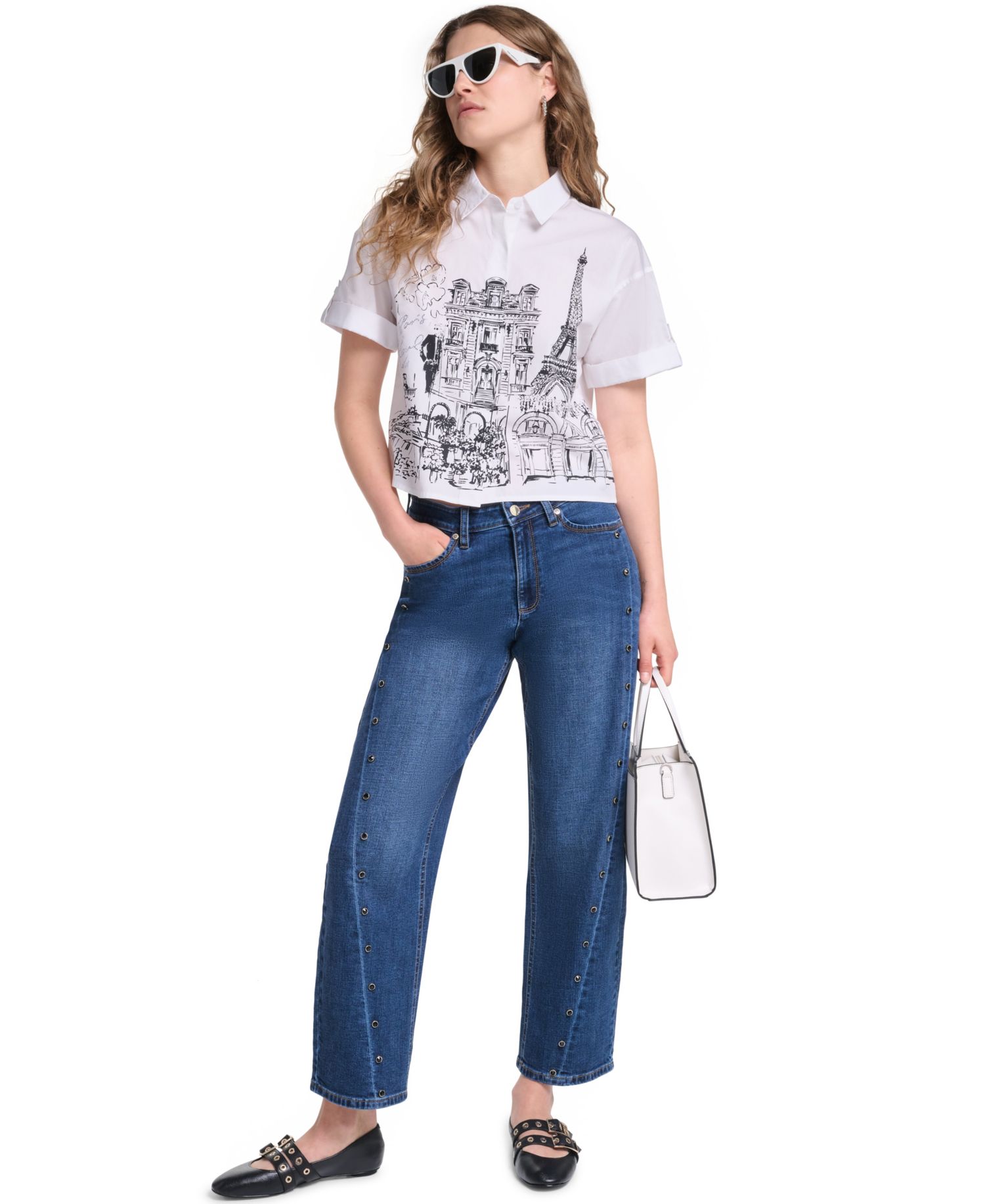Women's Cotton Crop Paris Scene Button-Front Top