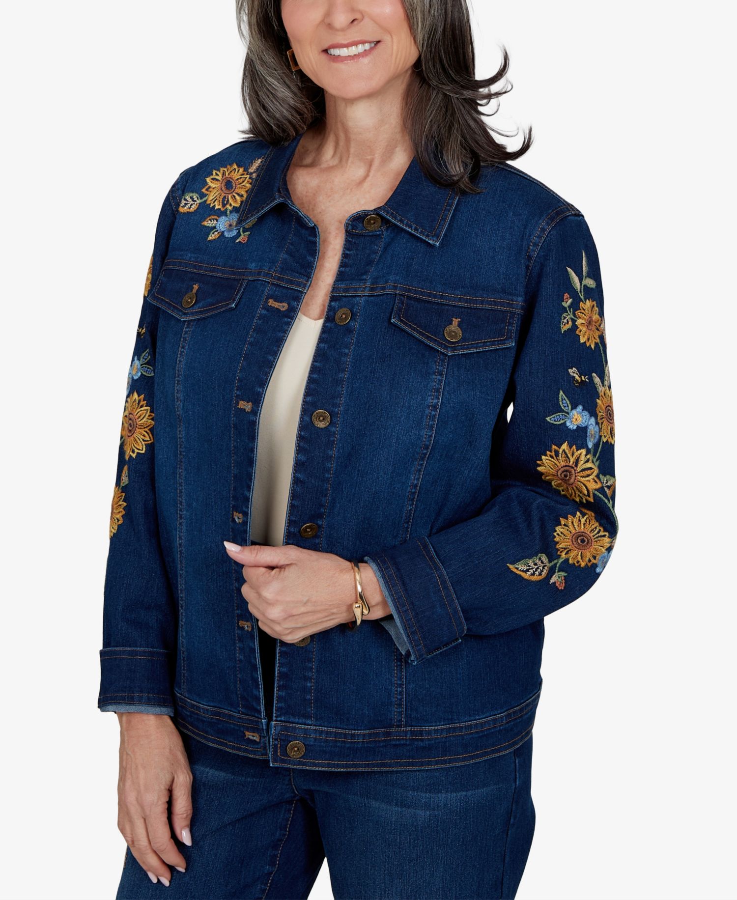 Petite Denim Floral-Embroidered Jacket